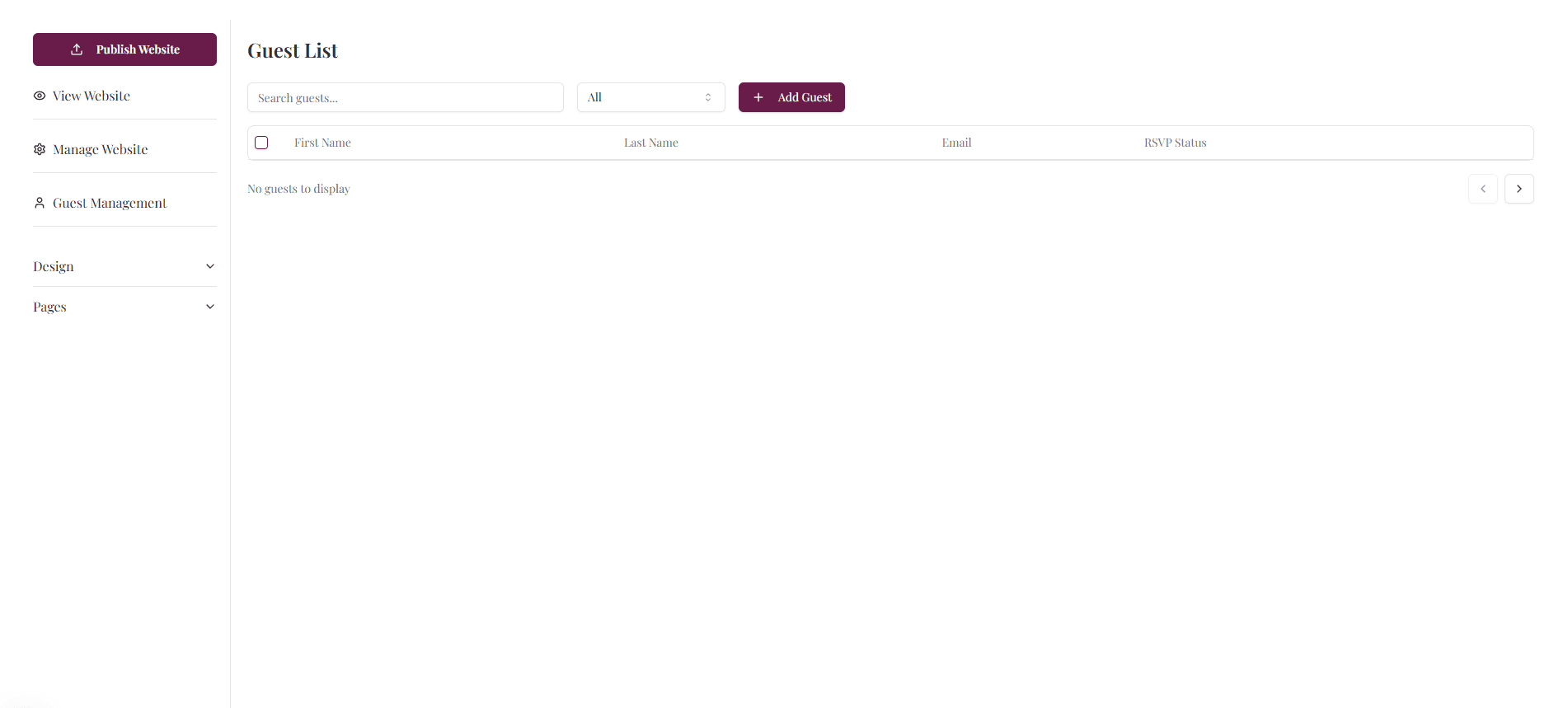RSVP management dashboard interface